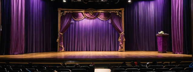 Wall Mural - Wide angle panoramic view of purple curtains on school university stage for awarding ceremony from Generative AI