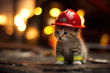 Poster - A small kitten wearing a fireman's hat. Generative AI.