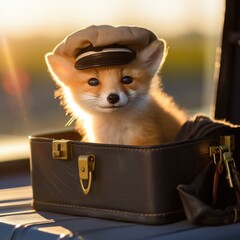 Poster - A small red fox wearing a hat sitting in a suitcase. Generative AI.