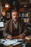 Fototapeta Dinusie - Confident mature man at desk with paperwork, poised and professional, in a study.
