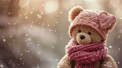 Poster - A toy bear in a winter hat and scarf. Generative AI.