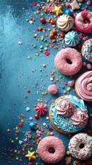 Wall Mural - A bunch of colorful donuts on a blue background. Generative AI.