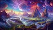 fantastical planet with swirling clouds and colorful landscapes