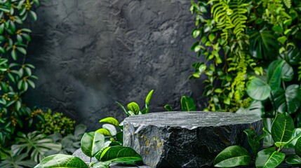 Black Stone Podium Surrounded by Lush Greenery for Product Display. Generative ai