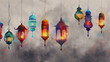 オリエント風の吊るされたカラフルなランタンの画像。グレー背景。
Image of colorful lanterns hung in an oriental style. Gray background. [Generative AI]