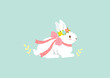 Cute rabbit wearing flower crown with bow on turquoise background.Easter holiday illustration.