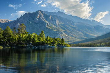 Wall Mural - calm lake reflects a capped mountain peak