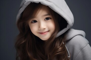 Portrait of a cute little asian girl in hood over gray background