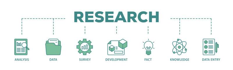Poster - Research banner web icon illustration concept with icon of analysis, data, survey, development, fact, knowledge and data entry icon live stroke and easy to edit 