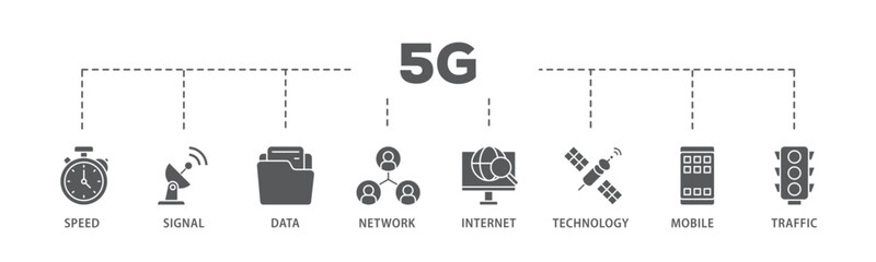 Fototapete - 5G banner web icon illustration concept with icon of speed, signal, data, network, internet, technology, mobile and traffic icon live stroke and easy to edit 