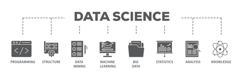 Fototapete - Data science banner web icon illustration concept with icon of data, classification, analyze, statistics, solving, decision and knowledge icon live stroke and easy to edit 