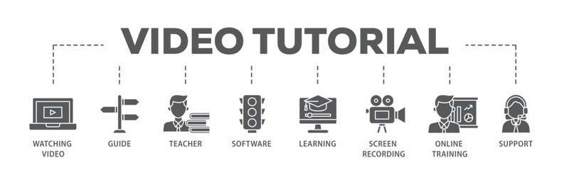 Poster - Video tutorial banner web icon illustration concept with icon of watching video, guide, teacher, software, learning, screen  recording, online training, support icon live stroke and easy to edit 