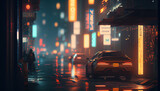 Fototapeta Perspektywa 3d - Cyberpunk background blurred city scene in matrix. AI render