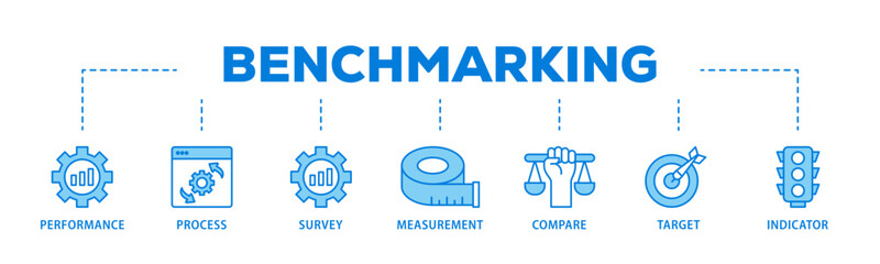 Poster - Benchmarking banner web icon illustration concept with icon of performance, process, survey, measurement, compare, target, and indicator icon live stroke and easy to edit 