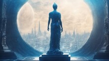 A Futuristic Chamber With A Central Statue Of A Regal Figure, Scepter Levitating Beside, Framed By A Circular Portal Overlooking A Cityscape