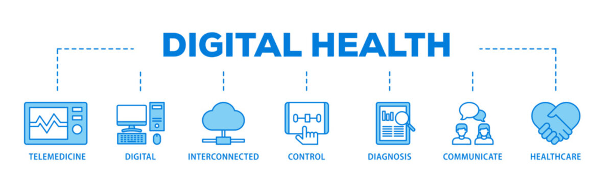 Digital health banner web icon illustration concept with icon of e health, telemedicine, interconnected, smartwatch, diagnosis, email, and medical app icon live stroke and easy to edit 