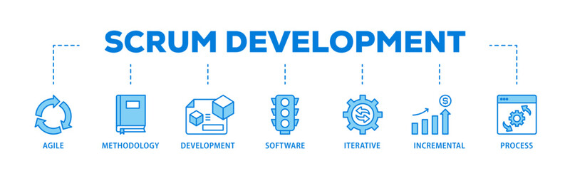 Poster - Scrum development banner web icon illustration concept with icon of agile, methodology, development, software, iterative, incremental and process icon live stroke and easy to edit 