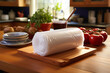 A roll of everyday disposable plastic wrap in a kitchen setting