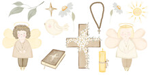 Baby Baptism Watercolor Big Set. Illustrations On Isolated White Background. Angels Boy And Girl, Bible Book, Cross And Candle. Botany Elements Branch, Chamomile Flower And Bird. Candle With Fire And