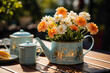 A lovable mini disposable watering can with a charming flower motif on a garden table