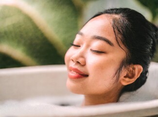 Poster - Asian woman smiling while taking a bath