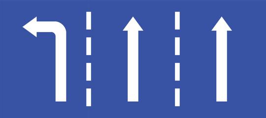 Wall Mural - Set highway blue traffic sign three line road two straight direction and turn left white arrow. Mandatory information route coution symbol collection for web mobile isolated white background