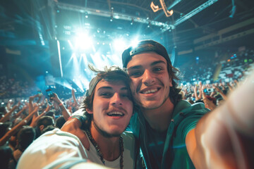 Wall Mural -  two young friends guys at a concert in a giant indoor arena