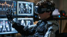 Student Engineer Wearing Apple Vision Pro Virtual Reality Headset and Controlling Bionic Limb While Actions Displayed on Screen. Modern Equipment and Computer Science Education in University Concept. 