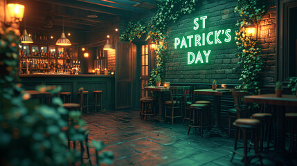 Wall Mural - Interior of bar - “ST. PATRICK’s DAY” neon sign - green - four leaf clover - Irish - design and decor