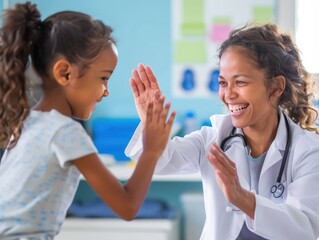 A compassionate female physician shares a joyful moment with a young biracial patient, offering encouragement through a high-five gesture, fostering a positive doctor-patient relationship