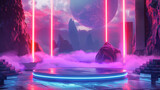 Fototapeta Fototapety przestrzenne i panoramiczne - 3d neon blue product stage or podium in Sci-fi futuristic gaming environment. For tech product photography generated by ai