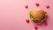 heart shaped burger seen from above on a pink pastel background, copy space wallpaper