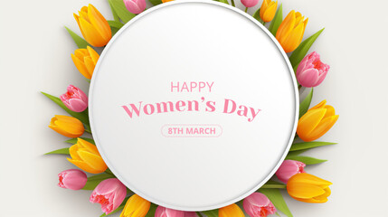 Wall Mural - International Women's Day Greeting with tulips flower On Isolated Background