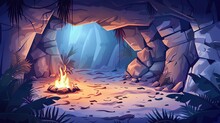 Prehistoric Cave With Caveman Primitive Painting On Stone Walls And Fire. Cartoon Vector Neanderthal Tribe Dungeon. Aboriginal Dwelling In Underground Rock Cavern With Ancient Drawings And Campfire