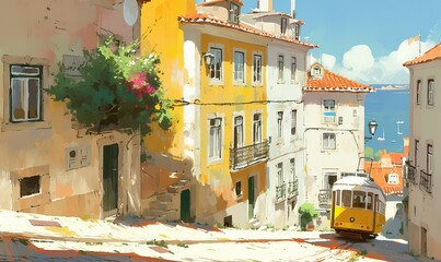 Wall Mural - Lisbon street with windows and houses and flowers in watercolor style