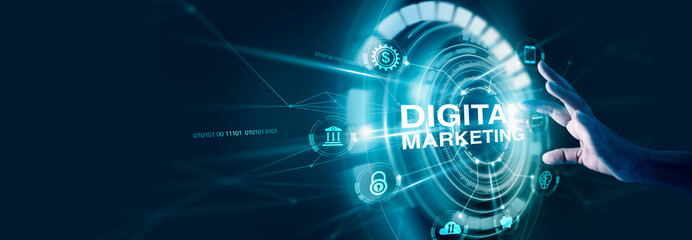 Fototapete - Digital online marketing commerce sale concept. Hand touching hologram with icon of customer and search Engine Optimisation of network connection on virtual.  Marketing of internet SEO SEM SMM.