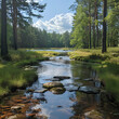 © France - Image of a stream flowing in a coniferous forest in summer, forest, trees, stream, sky, clouds, grass, water, summer, blue, nature, wild, AI-generated.