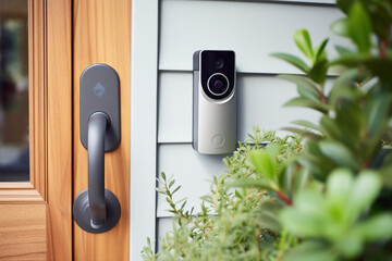 Wall Mural - A smart doorbell camera capturing a detailed view of a front porch, with a package waiting and a potted plant on the side.