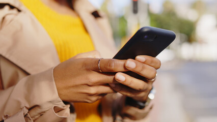 Poster - Street, phone and hands of woman in city for travel, search and direction guide on mobile app outdoors. Closeup, typing and person on smartphone for social media, networking and communication in town