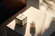 An overhead view of a modern table adorned with a solitary 3D single ludo cube. The composition emphasizes the cube's isolation, creating a serene and contemplative atmosphere.