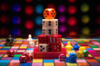 A ludo cube standing tall amidst a vibrant ludo board, surrounded by colorful game pieces. The soft ambient light highlights the details on the cube.