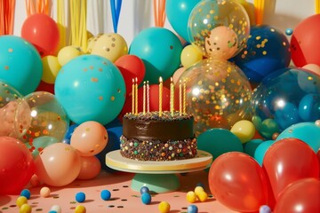 Wall Mural - Celebration scene with vibrant party balloons Confetti background And a chocolate cake topped with golden candles