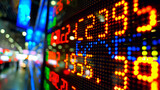 Fototapeta  - Display of Stock market quotes on the LED display. Selective focus. Finance trading concept