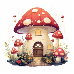 Aufkleber - Generative AI An enchanting cottage adorned with fairy lights and surrounded by whimsical mushrooms.