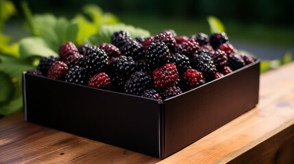 Poster - Box filled with sweet, juicy blackberries, close-up realistic photo Generative AI