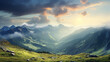 Breathtaking panorama of morning wild nature high in mountain with sunrise
