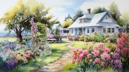Poster - Generative AI Charming cottage gardens in full bloom. aquarelle