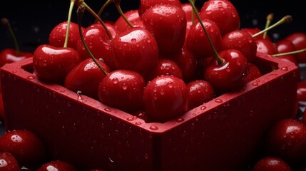 Poster - Close-up realistic photo capturing a box of bright red cherries Generative AI