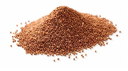 Poster - Close-up realistic photo featuring a small pile of sorghum grains on a white background Generative AI