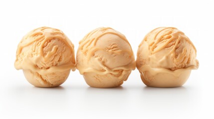 Poster - Close-up realistic photo featuring three scoops of creamy caramel ice cream on a white background Generative AI
